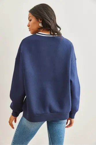 Kadın Lacivert Yaka Detaylı Şardonlu Kalın Sweatshirt SWT-19000687 - Lacivert - 6