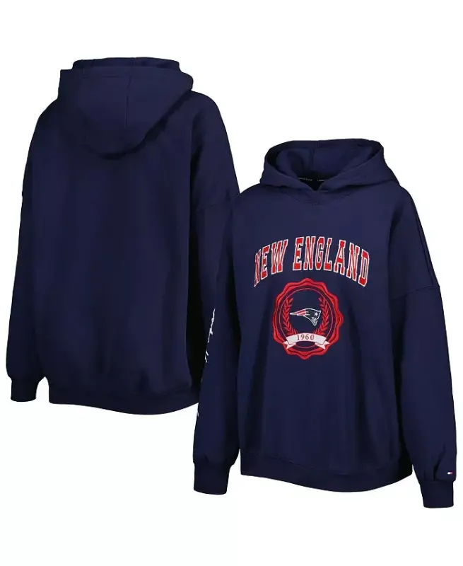 Women's Navy New England Patriots Becca Drop Shoulder Pullover Hoodie - Navy - 1