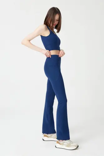 Kadın Lacivert Yüksek Bel Toparlayıcı Çift Cepli Ispanyol Paça Tayt Bootcut - Lacivert 