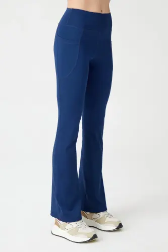 Kadın Lacivert Yüksek Bel Toparlayıcı Çift Cepli Ispanyol Paça Tayt Bootcut - Lacivert - 4