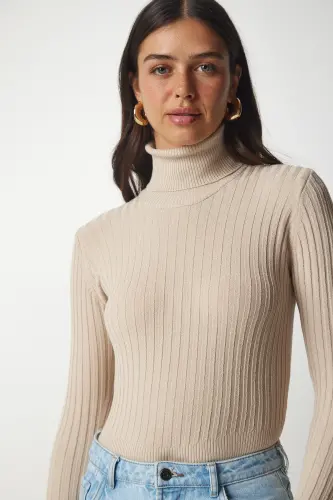 Kadın Latte Balıkçı Yaka Fitilli Basic Kazak bv00095 - Latte 