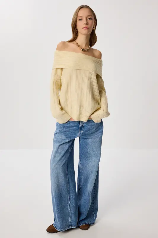 Kadın Latte Madonna Yaka Triko Kazak PF00049-Pembe - 2