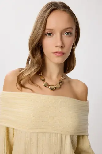 Kadın Latte Madonna Yaka Triko Kazak PF00049-Pembe - 3