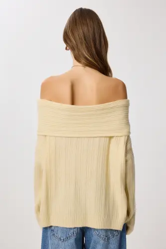 Kadın Latte Madonna Yaka Triko Kazak PF00049-Pembe - 7