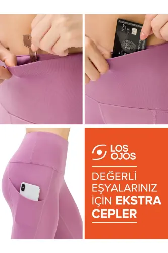 Kadın Lavanta Yüksek Bel Çift Cepli Toparlayıcı Spor Tayt - Lila - 3