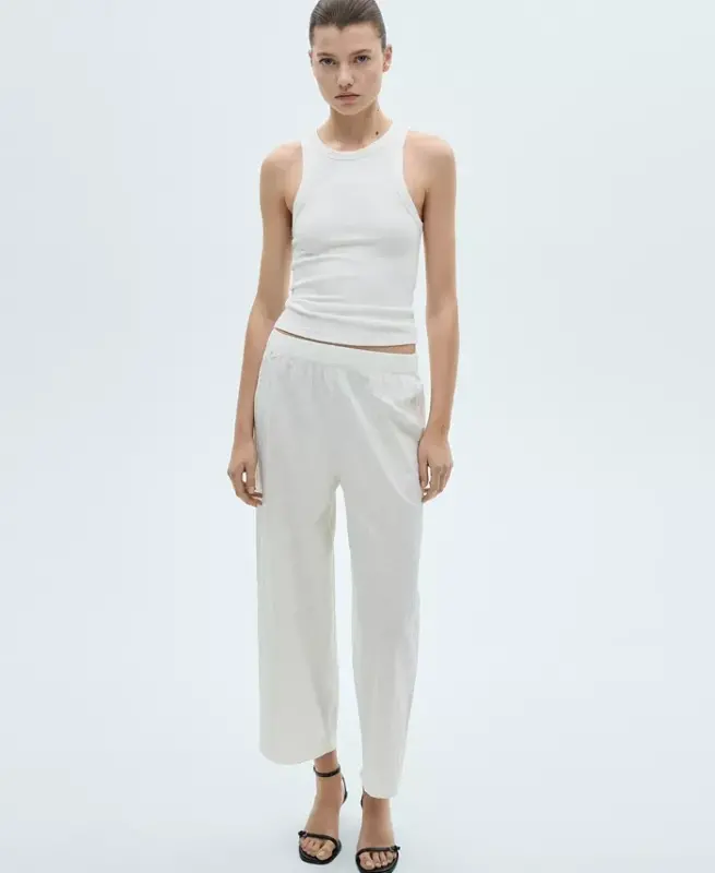 Women's Linen-Blend Culotte Suit Pants - White - 3