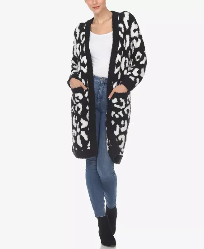 Women's Leopard Print Open Front Sherpa Cardigan - Black, White - WHITE MARK