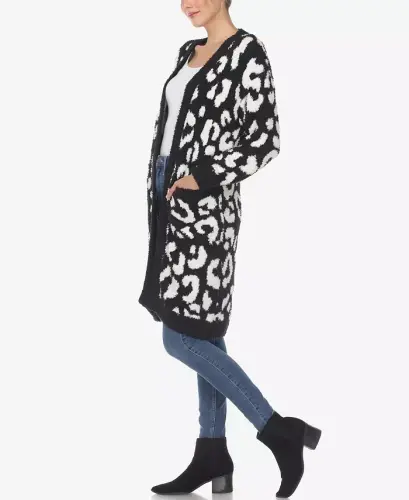 Women's Leopard Print Open Front Sherpa Cardigan - Black, White - 3