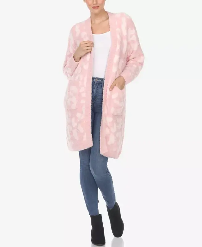 Women's Leopard Print Open Front Sherpa Cardigan - Pink - 1