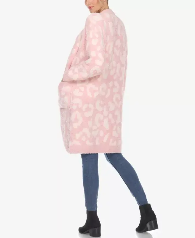 Women's Leopard Print Open Front Sherpa Cardigan - Pink - 2