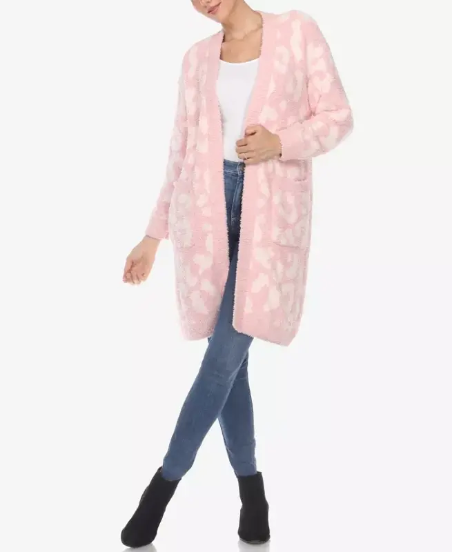 Women's Leopard Print Open Front Sherpa Cardigan - Pink - 3