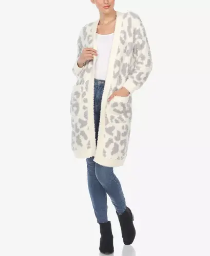 Women's Leopard Print Open Front Sherpa Cardigan - Beige 