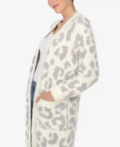 Women's Leopard Print Open Front Sherpa Cardigan - Beige - 4