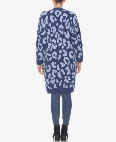 Women's Leopard Print Open Front Sherpa Cardigan - Navy, Light Blue - WHITE MARK (1)