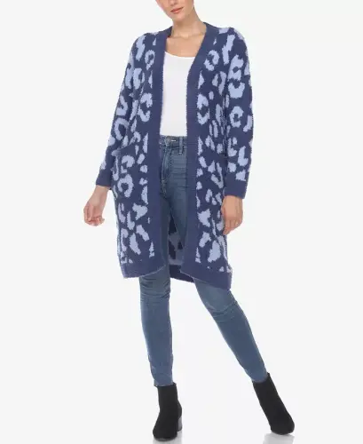 Women's Leopard Print Open Front Sherpa Cardigan-Navy, Light Blue 
