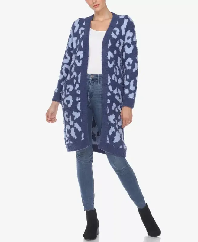 Women's Leopard Print Open Front Sherpa Cardigan-Navy, Light Blue - WHITE MARK