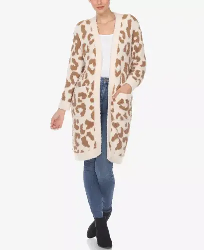 Women's Leopard Print Open Front Sherpa Cardigan - Tan Leopard - 1