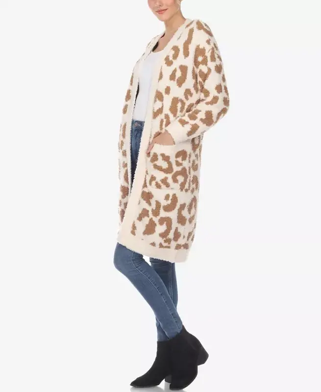 Women's Leopard Print Open Front Sherpa Cardigan - Tan Leopard - 4