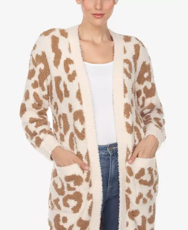 Women's Leopard Print Open Front Sherpa Cardigan - Tan Leopard - 5