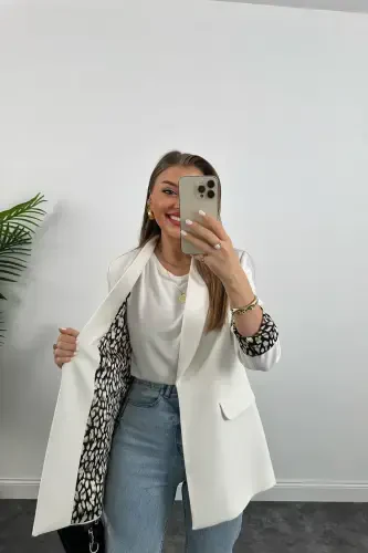 Kadın Leopar Desenli Astarlı Blazer Ceket-beyaz - Lady Pixie (1)