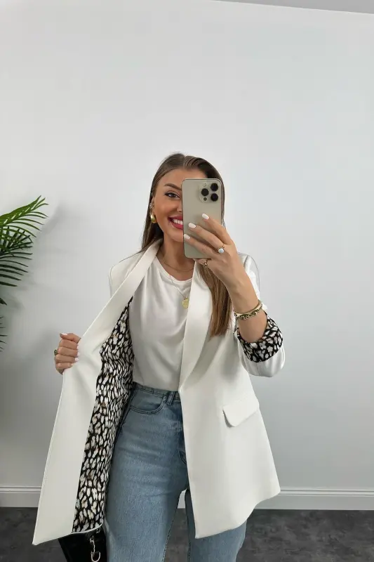 Kadın Leopar Desenli Astarlı Blazer Ceket-beyaz - 2
