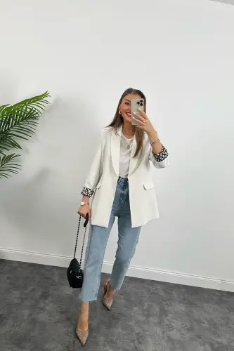 Kadın Leopar Desenli Astarlı Blazer Ceket-beyaz - 5