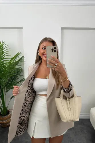 Kadın Leopar Desenli Astarlı Blazer Ceket-krem - 4