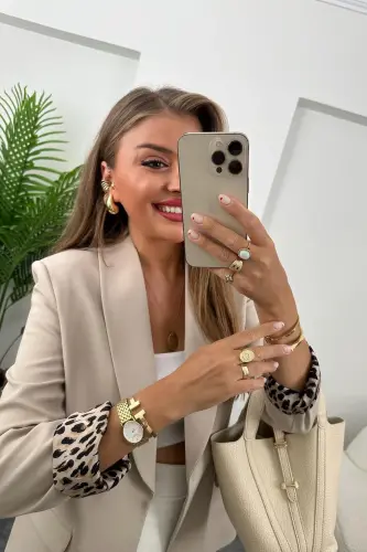 Kadın Leopar Desenli Astarlı Blazer Ceket-krem - 5