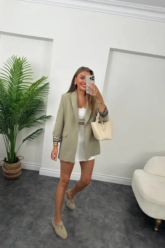 Kadın Leopar Desenli Astarlı Blazer Ceket-Açık Haki - 4