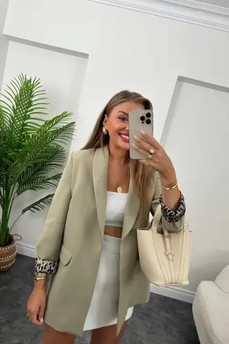 Kadın Leopar Desenli Astarlı Blazer Ceket-Açık Haki - 5