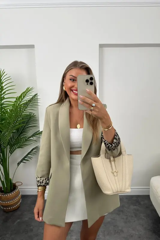 Kadın Leopar Desenli Astarlı Blazer Ceket-Açık Haki - LADY PIXIE