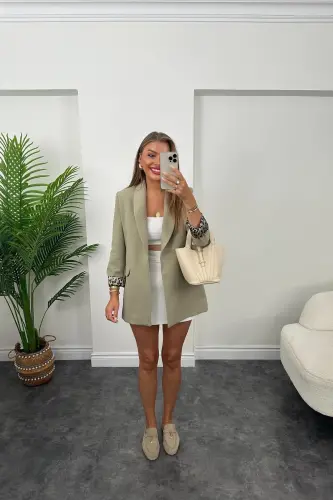 Kadın Leopar Desenli Astarlı Blazer Ceket-Açık Haki - LADY PIXIE (1)