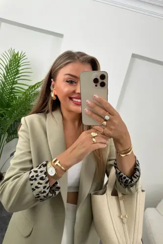 Kadın Leopar Desenli Astarlı Blazer Ceket-Açık Haki - 3