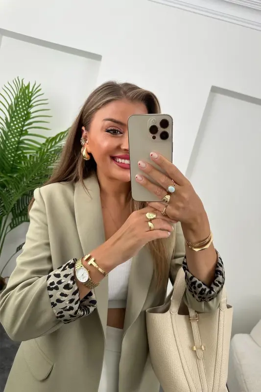 Kadın Leopar Desenli Astarlı Blazer Ceket-Açık Haki - 3