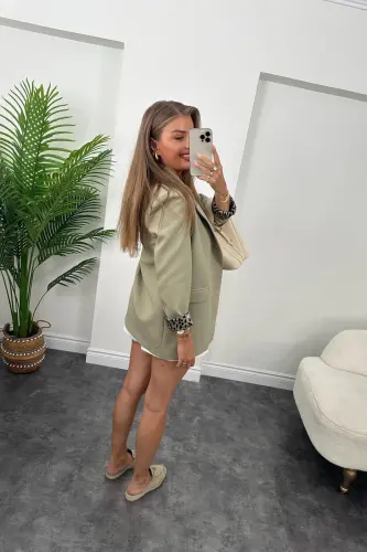 Kadın Leopar Desenli Astarlı Blazer Ceket-Açık Haki - 6