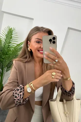 Kadın Leopar Desenli Astarlı Blazer Ceket-Açık Kahverengi - 7