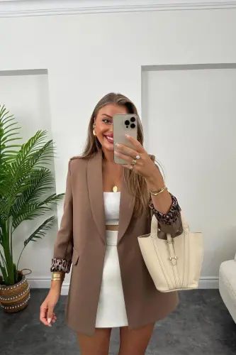 Kadın Leopar Desenli Astarlı Blazer Ceket-Açık Kahverengi 