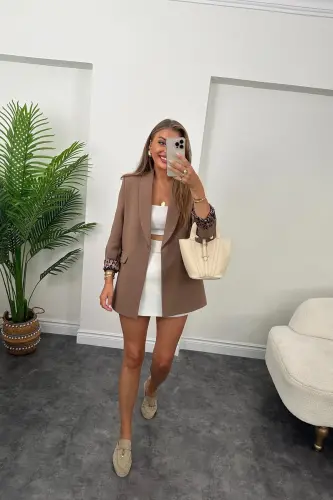 Kadın Leopar Desenli Astarlı Blazer Ceket-Açık Kahverengi - LADY PIXIE (1)