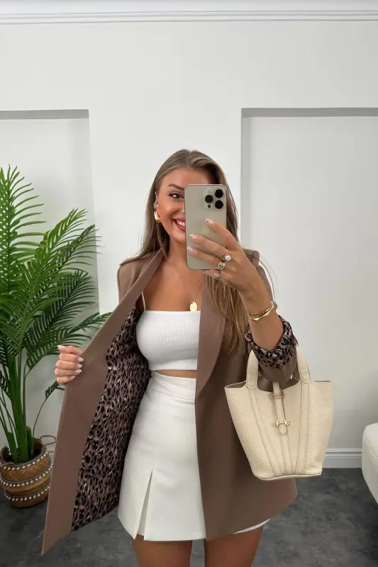 Kadın Leopar Desenli Astarlı Blazer Ceket-Açık Kahverengi - 3