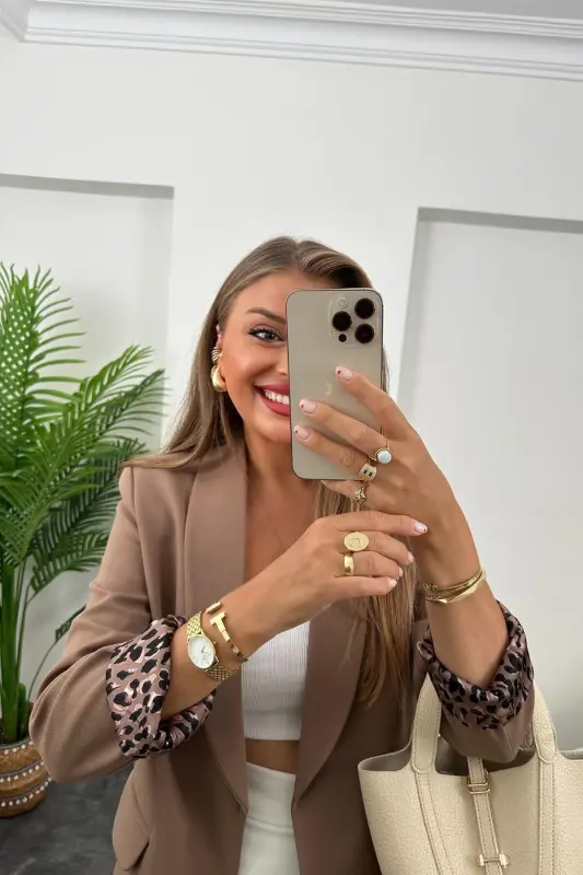 Kadın Leopar Desenli Astarlı Blazer Ceket-Açık Kahverengi - 4