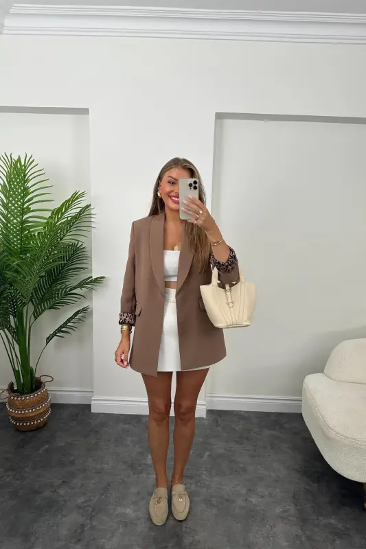 Kadın Leopar Desenli Astarlı Blazer Ceket-Açık Kahverengi - 5