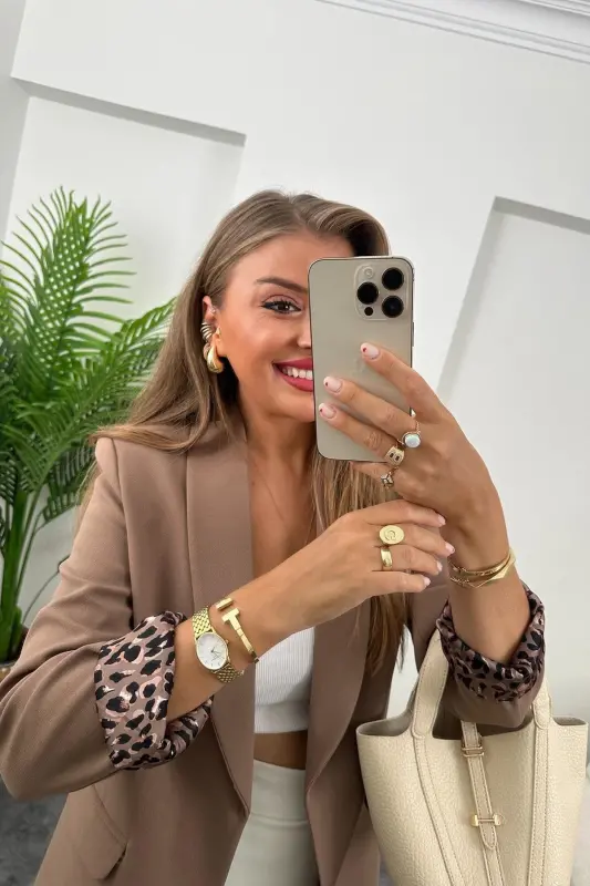 Kadın Leopar Desenli Astarlı Blazer Ceket-Açık Kahverengi - 7