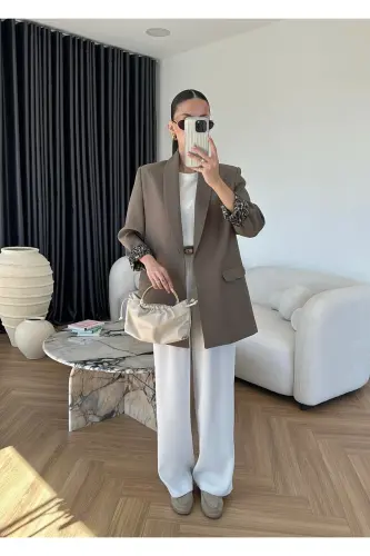 Kadın Leopar Desenli Astarlı Blazer Ceket-Haki - 4