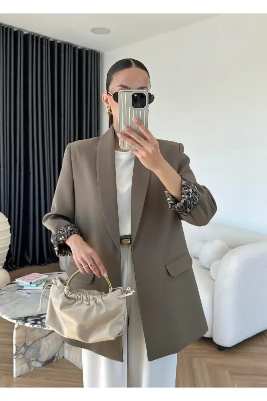 Kadın Leopar Desenli Astarlı Blazer Ceket-Haki - LADY PIXIE