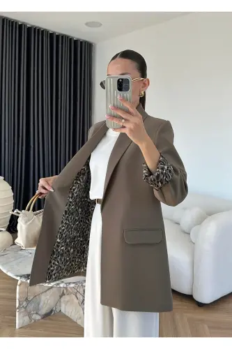 Kadın Leopar Desenli Astarlı Blazer Ceket-Haki - LADY PIXIE (1)