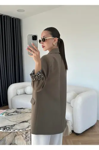 Kadın Leopar Desenli Astarlı Blazer Ceket-Haki - 3