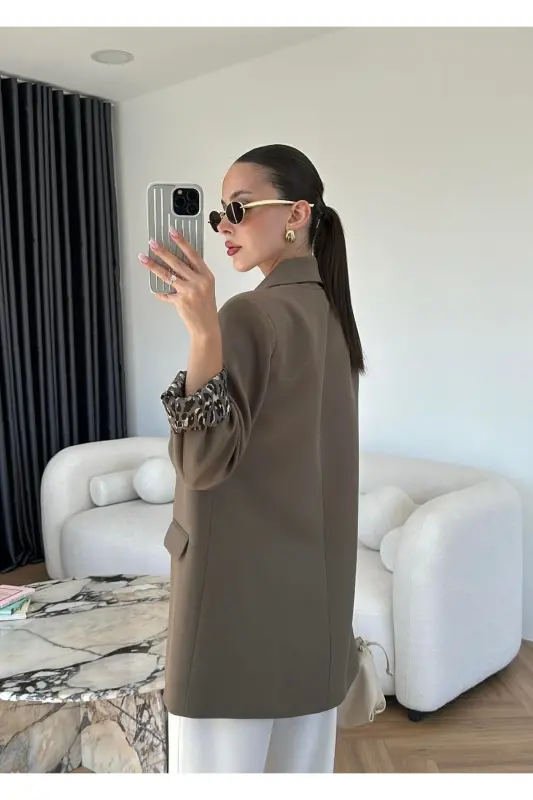 Kadın Leopar Desenli Astarlı Blazer Ceket-Haki - 3
