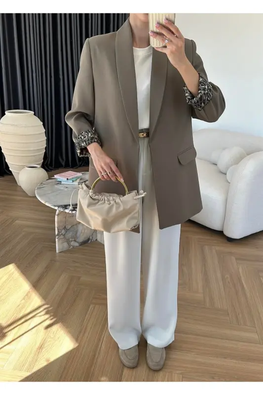 Kadın Leopar Desenli Astarlı Blazer Ceket-Haki - 5