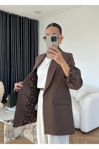 Kadın Leopar Desenli Astarlı Blazer Ceket-Kahverengi - 2