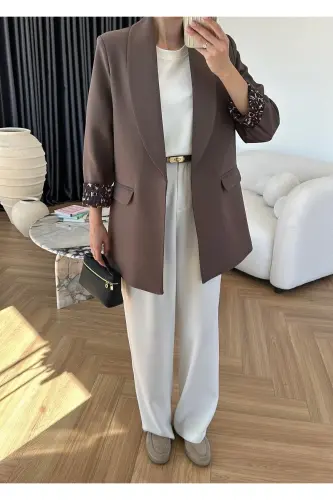 Kadın Leopar Desenli Astarlı Blazer Ceket-Kahverengi - 4